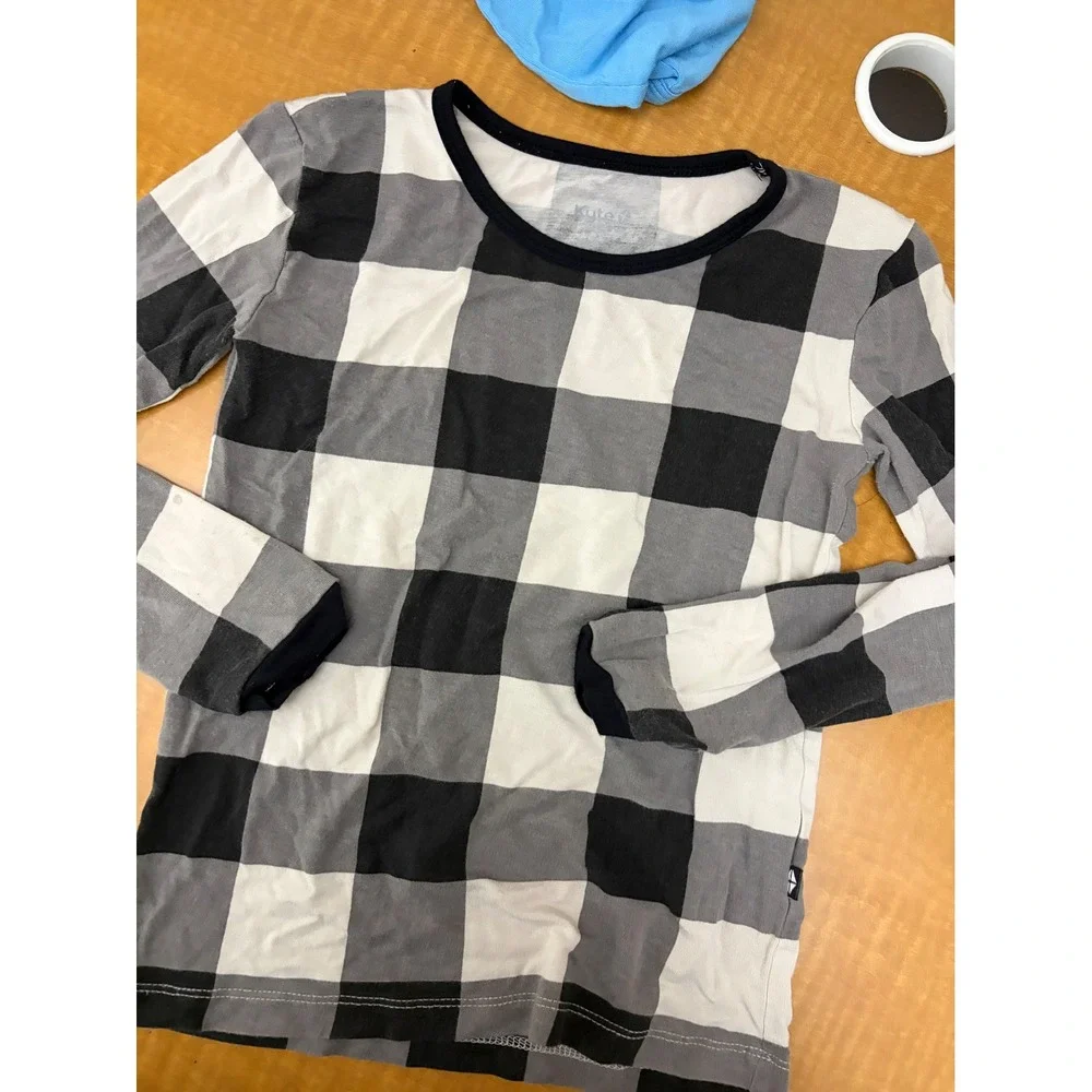 Kyte Baby Kids Buffalo Plaid Bamboo Long Sleeve Pajama Top Grey Black White 6t